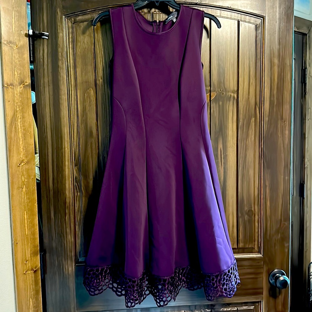 Donna Ricco Dark Purple Dress with Floral Appliqué